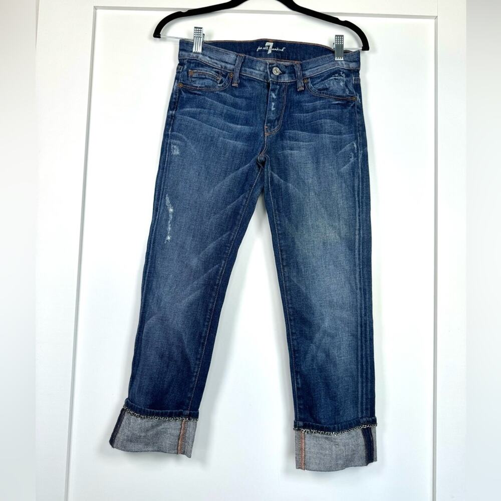 7 For All Mankind Cropped Chain Detail Dark Wash Cotton Cuffed Jeans Size 25